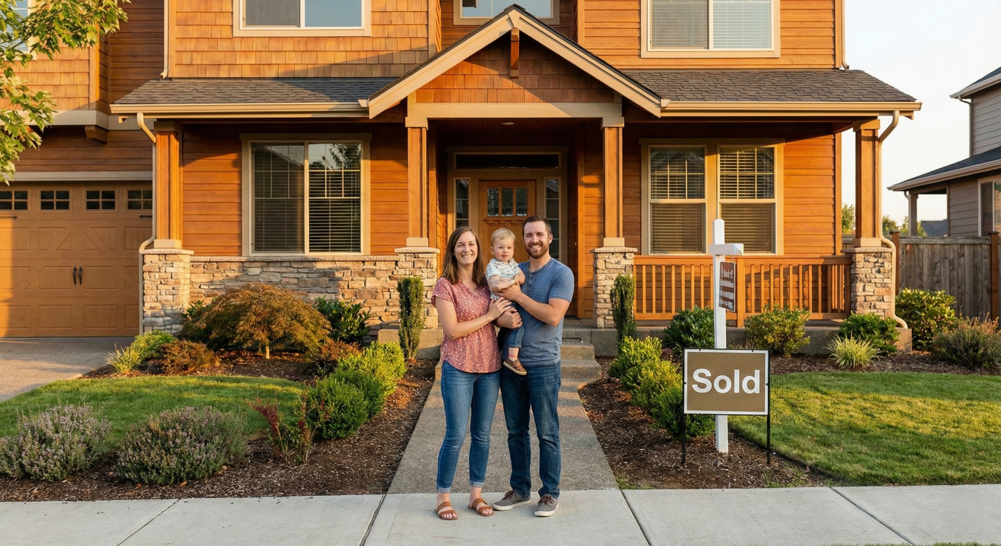 Happy family standing in front of their new home after a confident and supported home buying journey