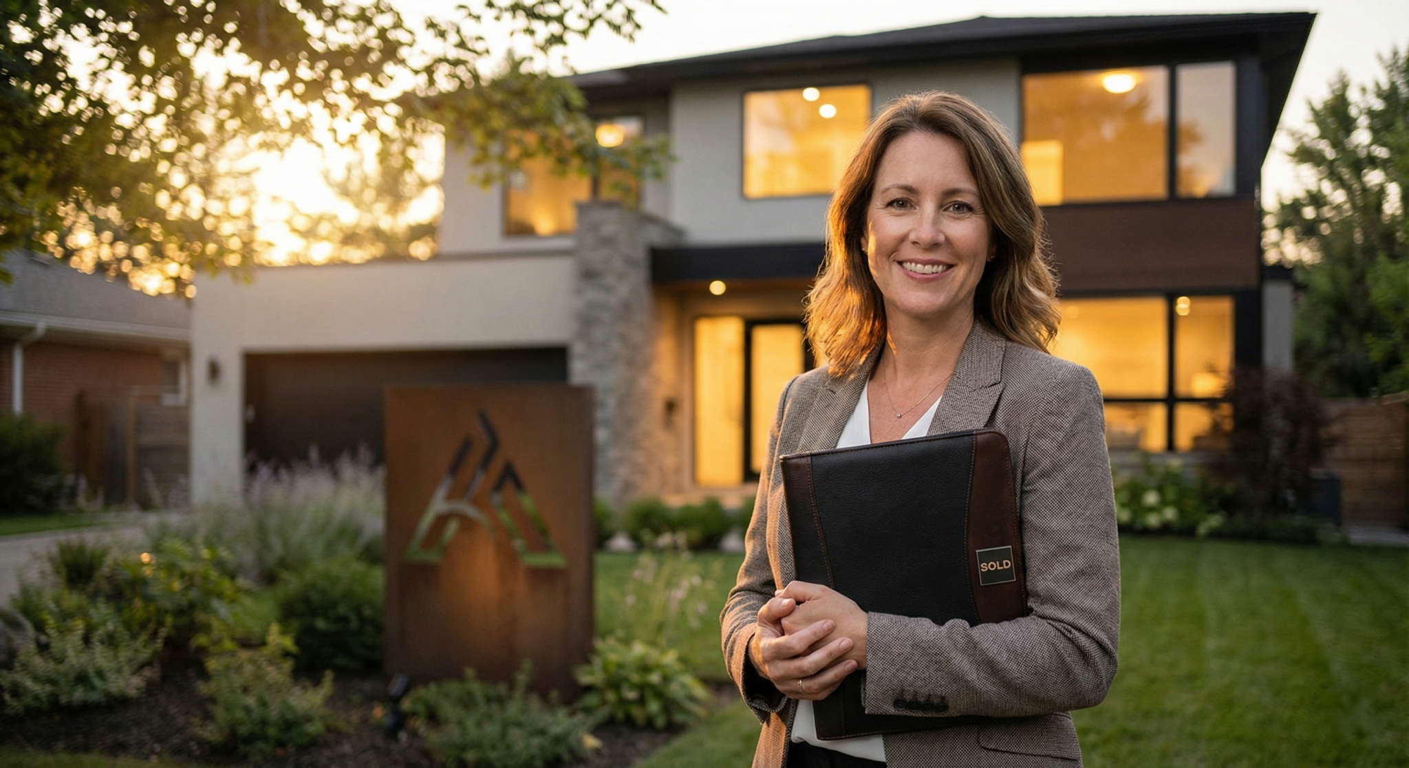 Real estate agent standing in front of a recently sold home, supported by intelligent tools for better client relationships