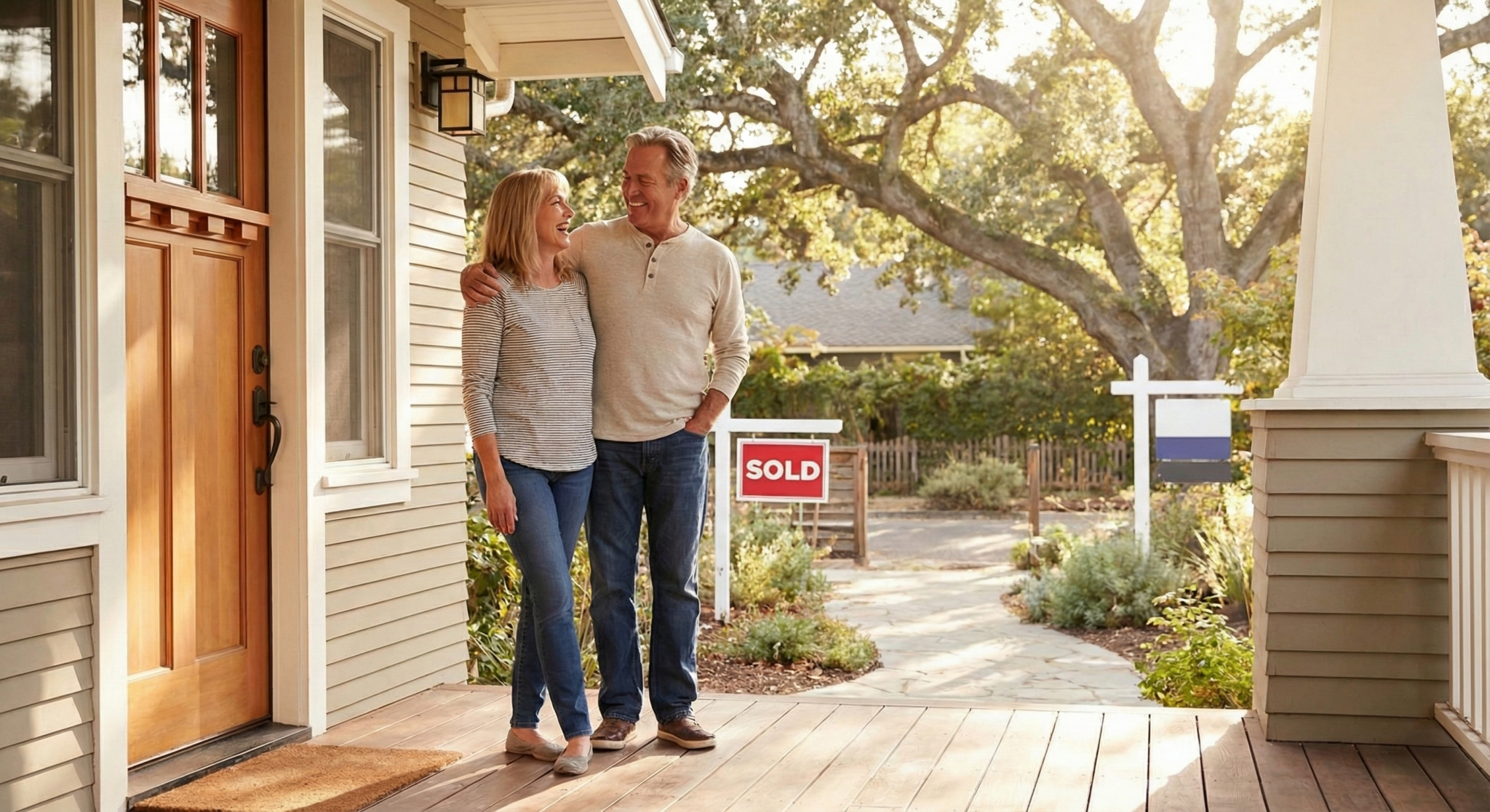 Home sellers standing confidently at the entrance of a sold property after a clear and transparent selling experience
