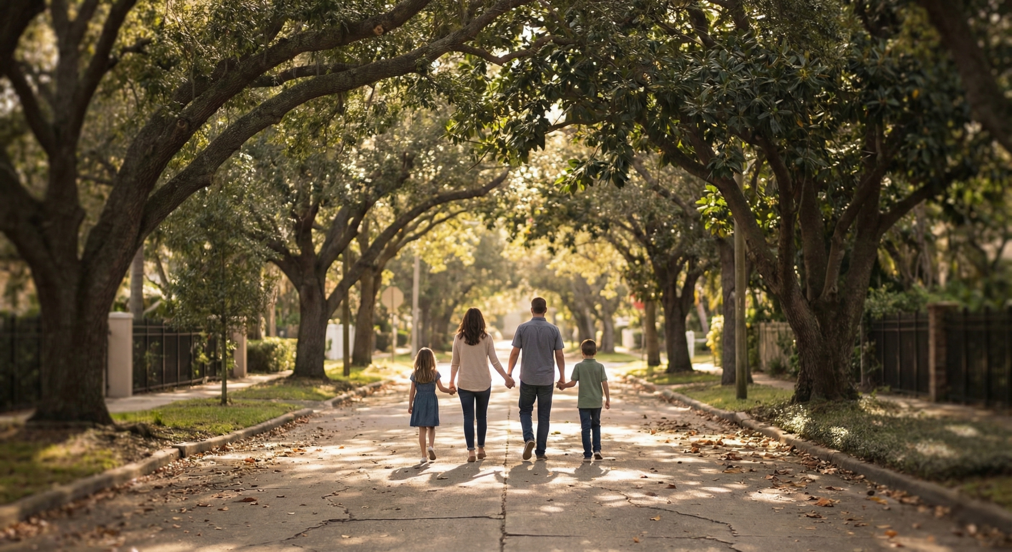 Family walking through a ficustree -lined neighborhood symbolizing trust, stability, and a human-centered real estate journey