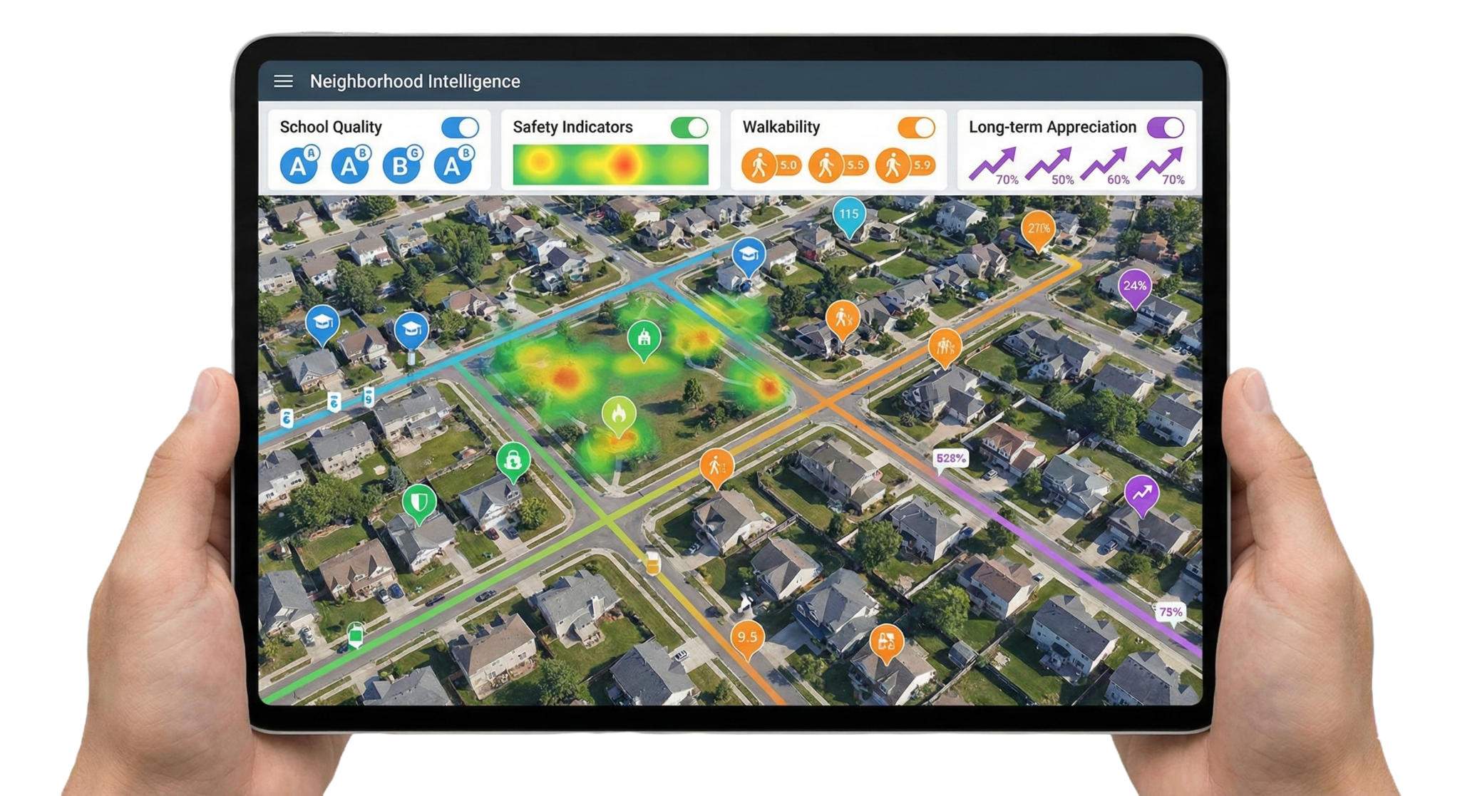 AI home search for buyers exploring neighborhood data like schools, safety, and walkability